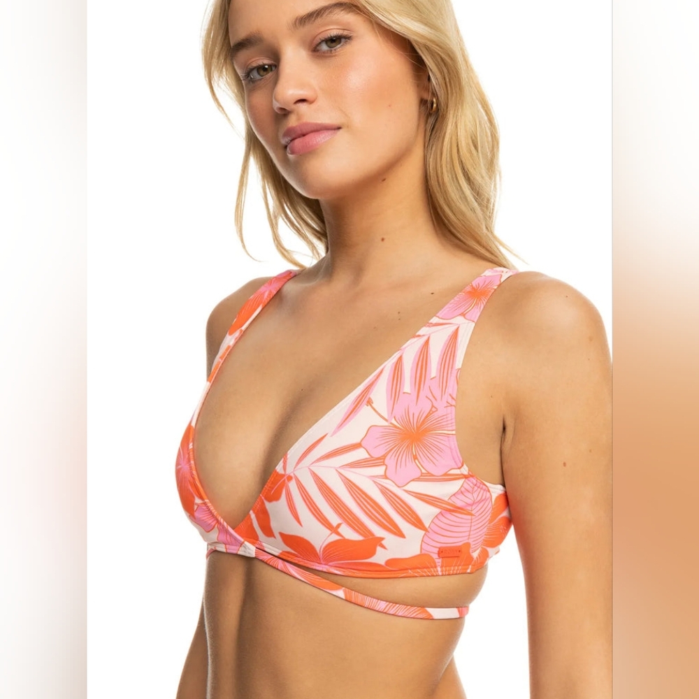 NWT Roxy Bikini Top‎ Printed Beach Classics Elongate Tropical Floral Size LG